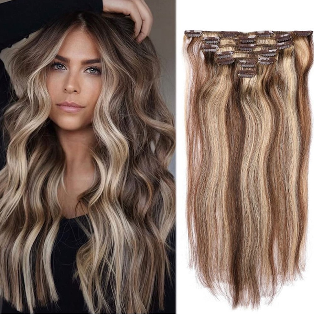 Highlighted Clip In Human Hair Extensions #4/27 18 in